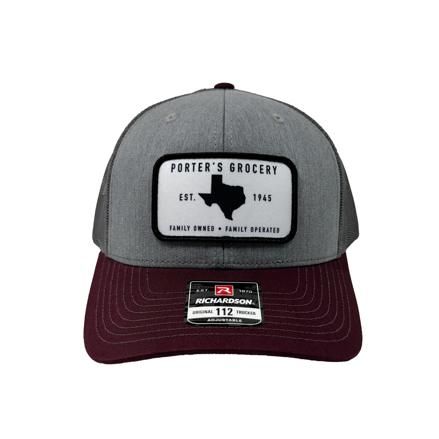 Porter's Grocery Logo Hat - Tri-Color: Heather Grey/Charcoal/Maroon