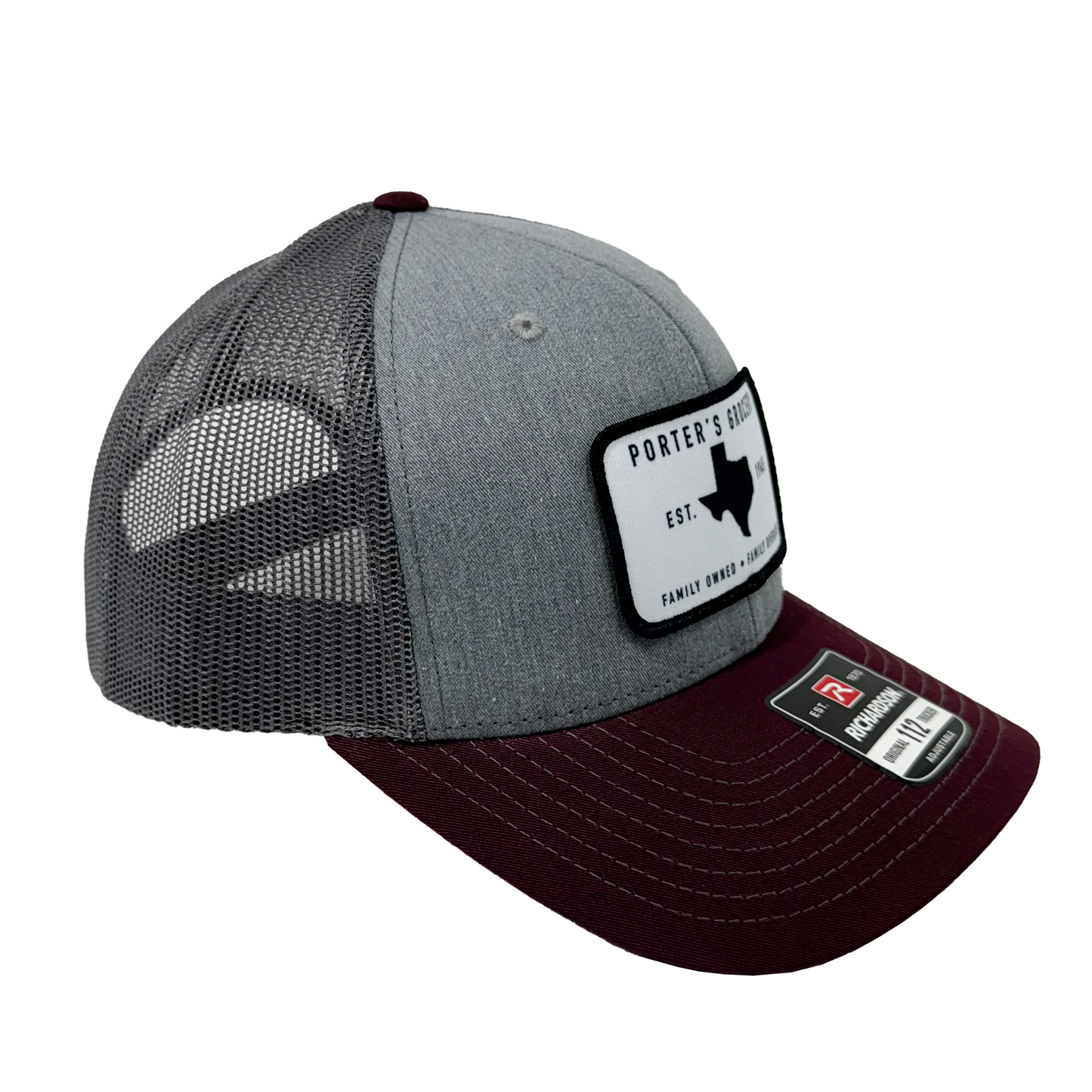 Porter's Grocery Logo Hat - Tri-Color: Heather Grey/Charcoal/Maroon