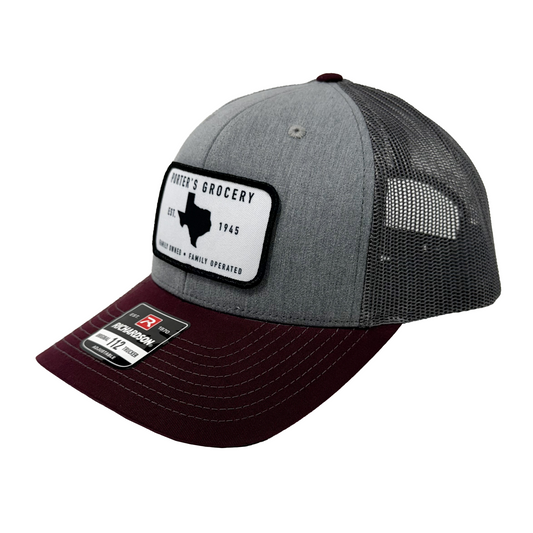 Porter's Grocery Logo Hat - Tri-Color: Heather Grey/Charcoal/Maroon